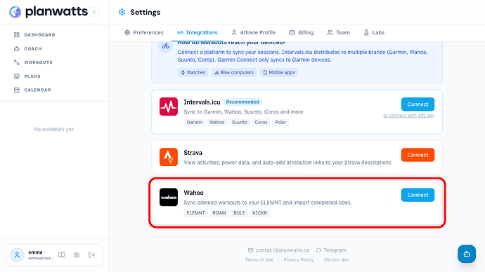 Connect Wahoo from Settings → Integrations