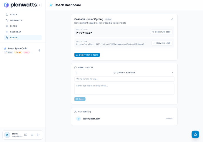 Coach Dashboard with team, invite code, and members